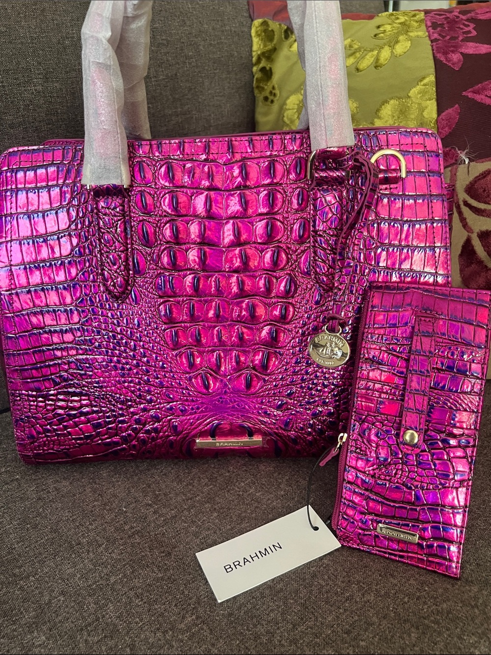 BRAHMIN Voltage Violet Small Finley Satchel with matching Credit Card Wallet NWT